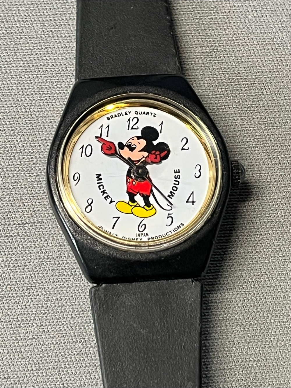 Mickey Mouse Bradley time watch.  Black plastic 8” band.